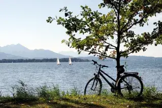 Ein Radl parkt an einem Baum am Ufer des Chiemsees Ein Radl parkt an einem Baum am Ufer des Chiemsees