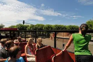 Touristen im offenen Doppeldecker Bus der CitySightseeing Stadtrundfahrten bei strahlendem Sonnenschein