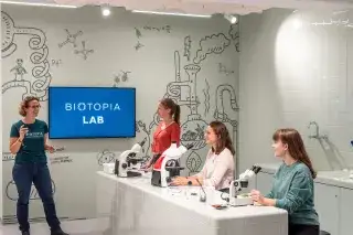 Besucherinnen beim kostenlosen Mitmachprogramm vor Mikroskopen im Biotopia Lab Besucherinnen beim kostenlosen Mitmachprogramm vor Mikroskopen im Biotopia Lab