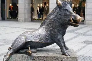 Das berühmteste Wildschwein der Stadt bewacht den Eingang vor dem Jagd- und Fischereimuseum Das berühmteste Wildschwein der Stadt bewacht den Eingang vor dem Jagd- und Fischereimuseum