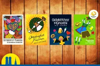 Holzwand mit vier Oktoberfestplakaten der vergangenen Jahre Holzwand mit vier Oktoberfestplakaten der vergangenen Jahre