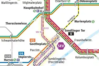 Karte mit Ersatzverkehr für unterbrochene U-Bahn-Linien U3 und U6