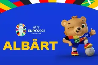 Grafik mit dem EURO-Maskottchen Albärt, das auf einem Fußball tritt, den Daumen nach oben zeigt und freundlich zwinkert