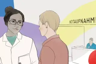 Zeichnung einer Frau im Gespräch mit einer Ärztin in der Notaufnahme Zeichnung einer Frau im Gespräch mit einer Ärztin in der Notaufnahme