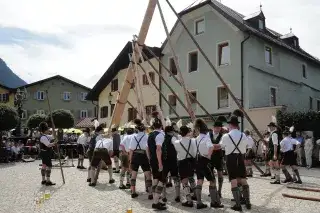 Traditionelles Aufstellen eines Maibaums in Bayern