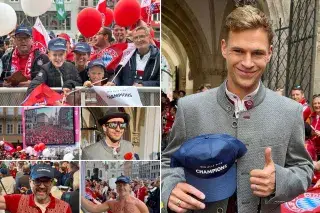 Wir alle sind Champions bei der Meisterfeier des FC Bayern am Marienplatz