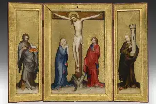 Pähler Altar: Flügelretabel mit der Kreuzigung Christi und den hll. Johannes der Täufer und Barbara