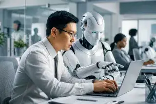 Businessman und Roboter an einem Laptop