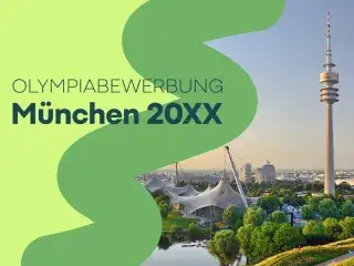 Olympiaturm und Olympiapark bei blauem Himmel und der Schriftzug zur Olympiabewerbung München 20XX