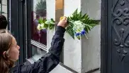 Mädchen bringt weiße Rose an Plakette an